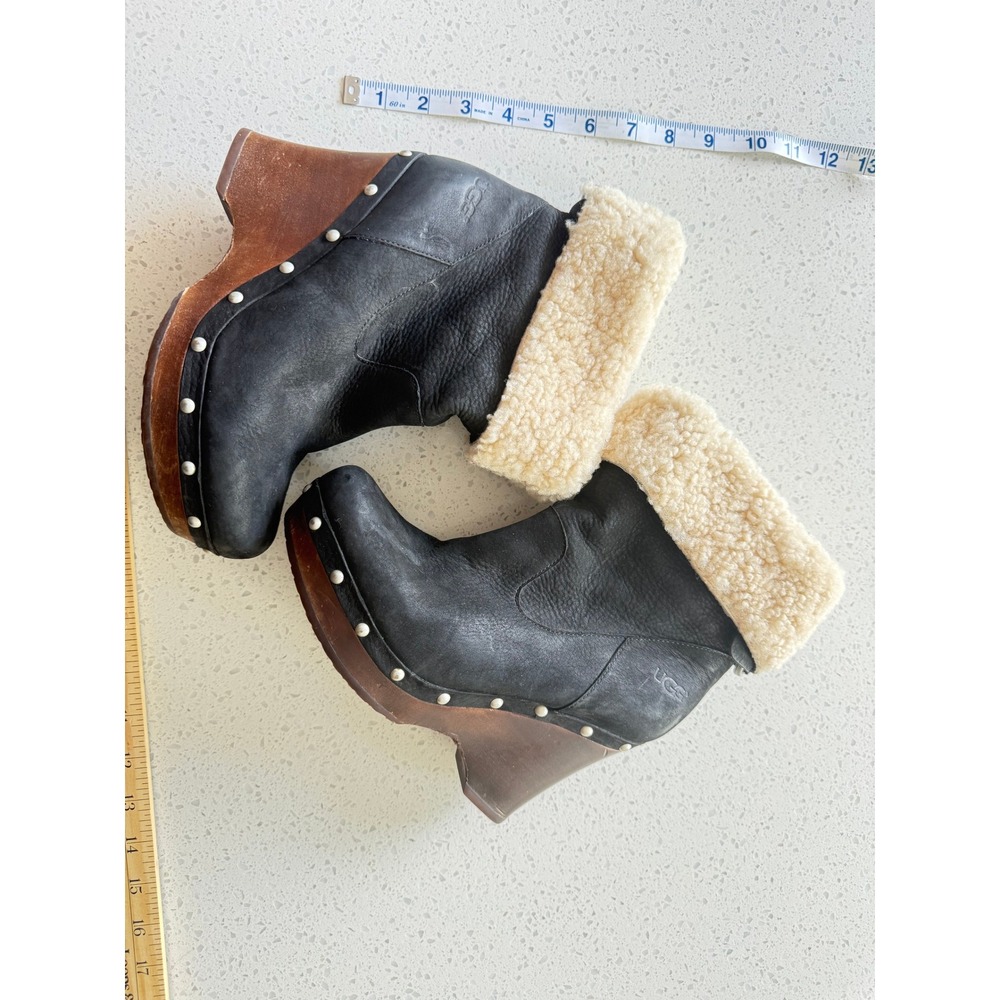 UGG Women 8 Black Leather Suede Shearling Cuff Studded Wood Heel Clog Boots